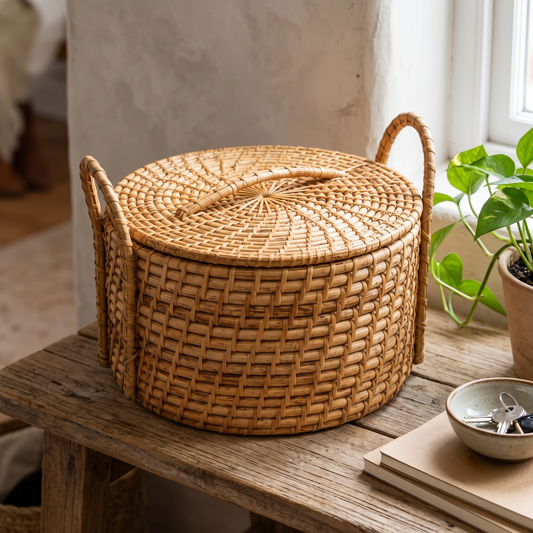 Cane Fruit Basket With Lid