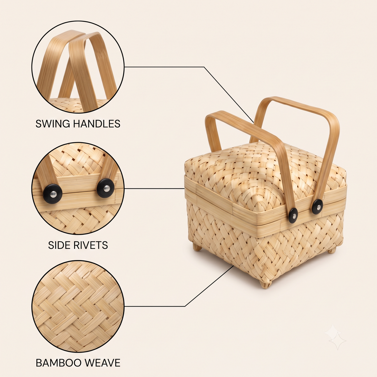 Square Bamboo Basket with Handle (Closed Pattern)