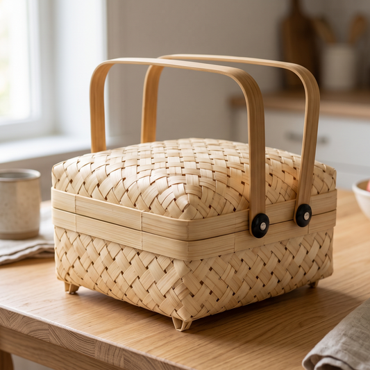 Square Bamboo Basket with Handle (Closed Pattern)